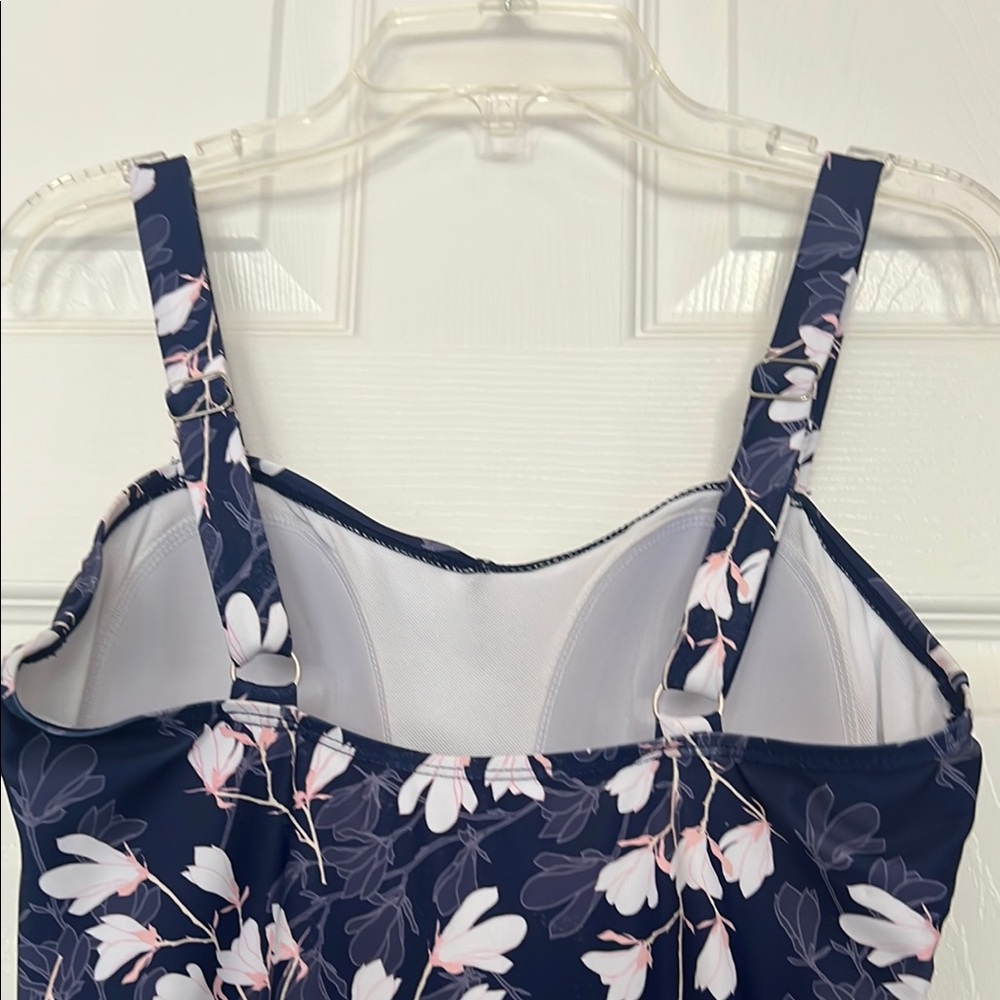 Blue and White Floral One-Piece Swimsuit with Ruffles - Picture 9 of 17